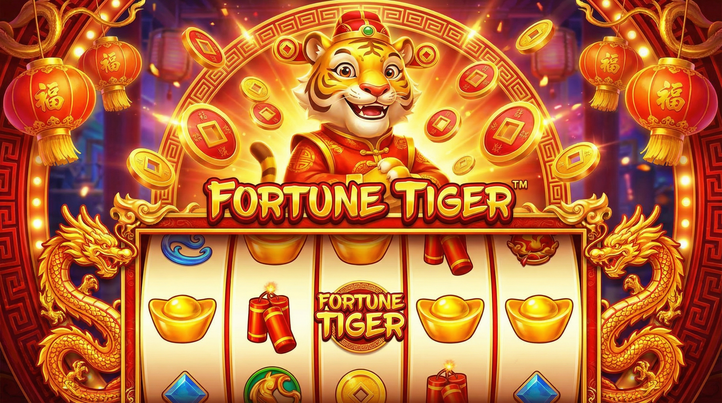Tragamonedas Fortune Tiger con símbolos de tigre dorado y monedas